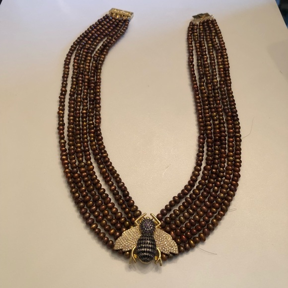 6 Row Genuine Cultured Golden Pearl Necklace with Pave Bee - Picture 4 of 11